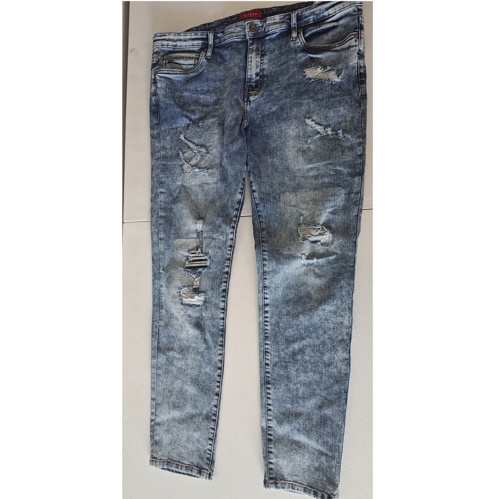 GUESS Men Slim Tapered Distressed Jeans 38x32 Blue Acid Wash used grunge street